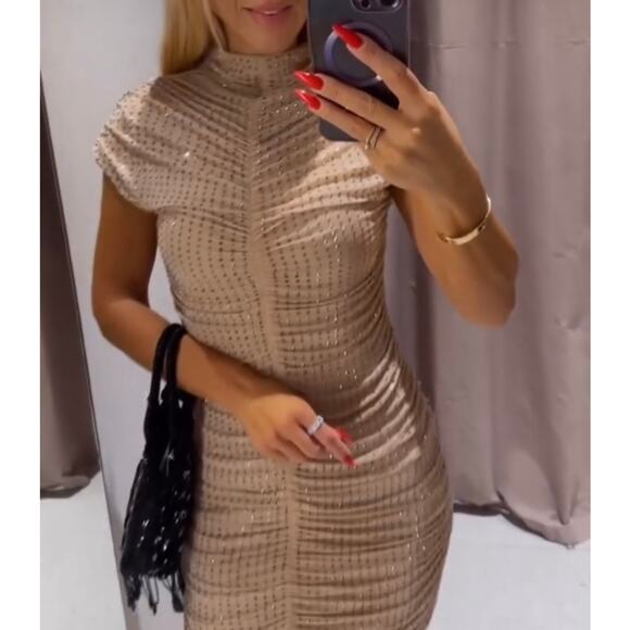 ZARA RHINESTONE RUCHED NUDE BEIGE MINI DRESS 7901/217 - Picture 9 of 14